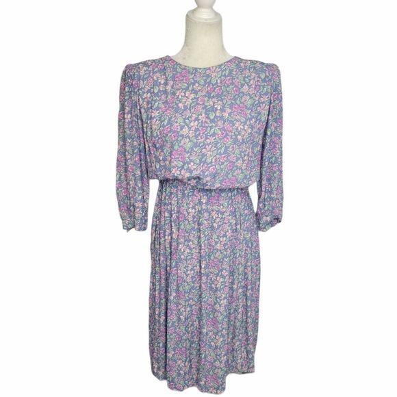 Vintage Dresses & Skirts - VINTAGE 70s dress blue floral puff‎ sleeve button back rayon S